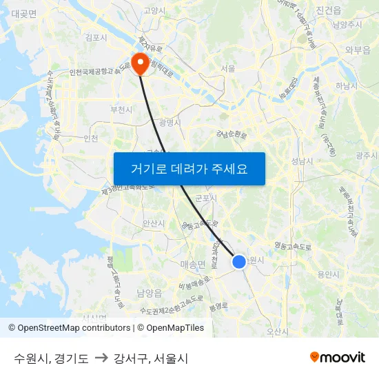 수원시, 경기도 to 강서구, 서울시 map