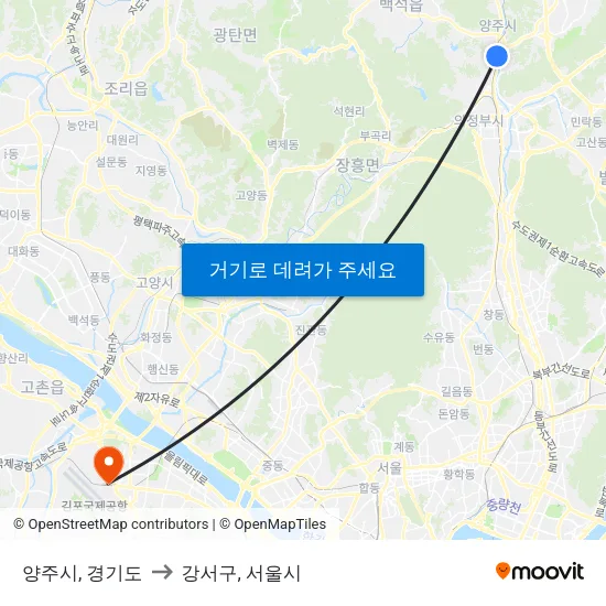 양주시, 경기도 to 강서구, 서울시 map