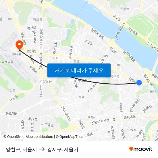 양천구, 서울시 to 강서구, 서울시 map