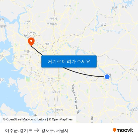 여주군, 경기도 to 강서구, 서울시 map