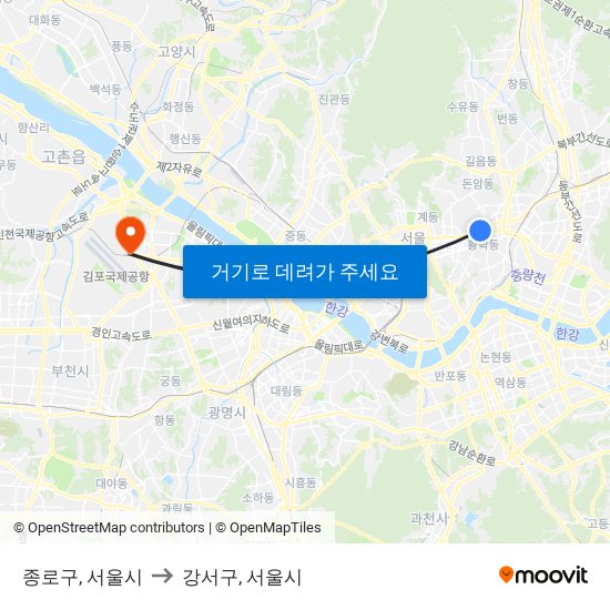 종로구, 서울시 to 강서구, 서울시 map