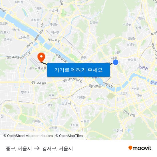 중구, 서울시 to 강서구, 서울시 map