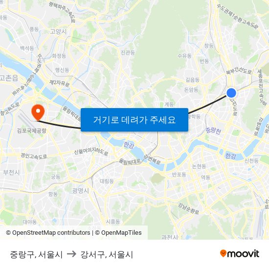 중랑구, 서울시 to 강서구, 서울시 map
