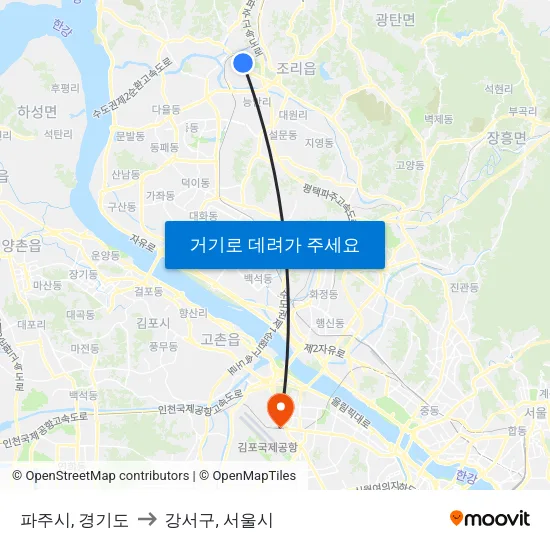 파주시, 경기도 to 강서구, 서울시 map