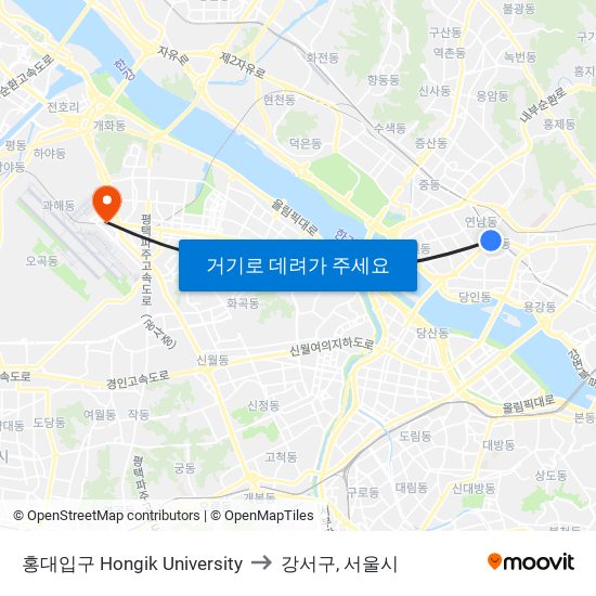 홍대입구 Hongik University to 강서구, 서울시 map