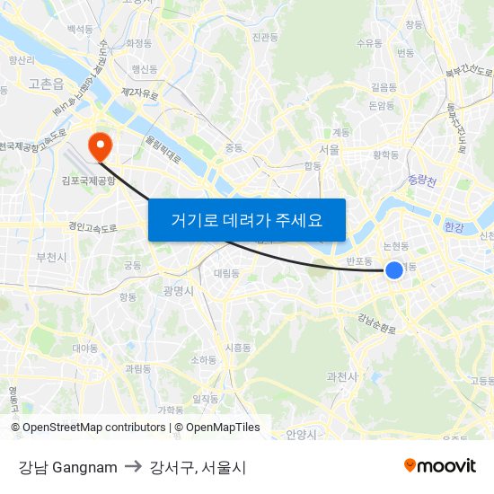 강남 Gangnam to 강서구, 서울시 map