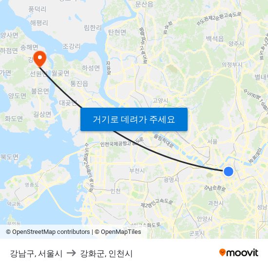 강남구, 서울시 to 강화군, 인천시 map