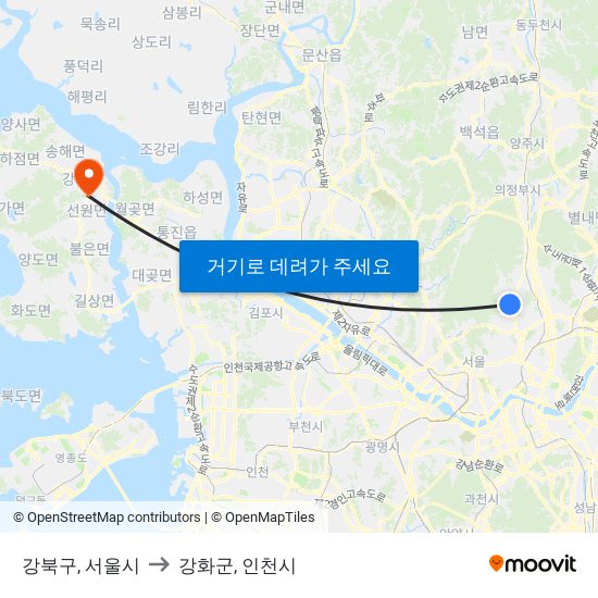강북구, 서울시 to 강화군, 인천시 map