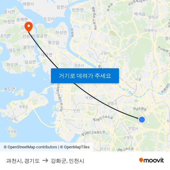 과천시, 경기도 to 강화군, 인천시 map