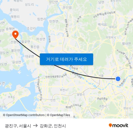 광진구, 서울시 to 강화군, 인천시 map