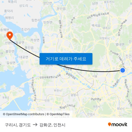 구리시, 경기도 to 강화군, 인천시 map