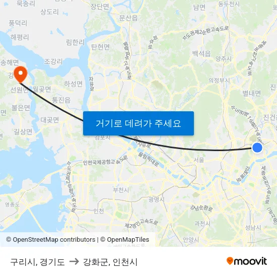 구리시, 경기도 to 강화군, 인천시 map