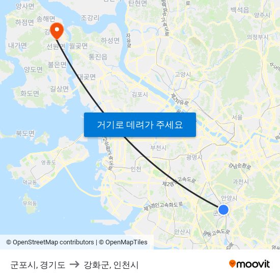 군포시, 경기도 to 강화군, 인천시 map