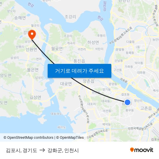 김포시, 경기도 to 강화군, 인천시 map