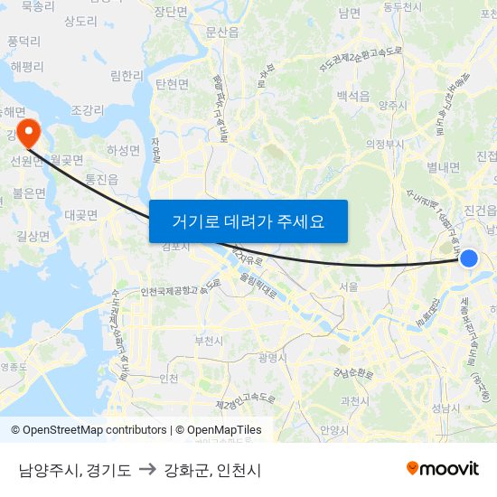 남양주시, 경기도 to 강화군, 인천시 map