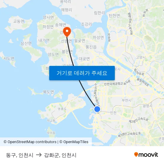 동구, 인천시 to 강화군, 인천시 map