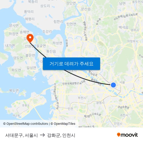 서대문구, 서울시 to 강화군, 인천시 map