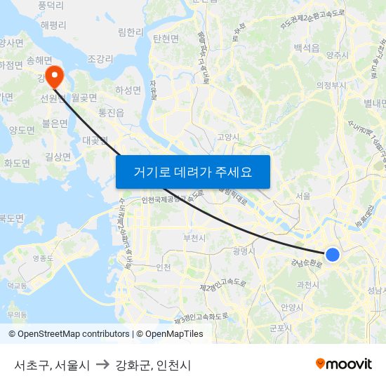 서초구, 서울시 to 강화군, 인천시 map