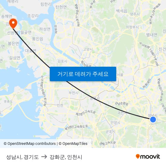 성남시, 경기도 to 강화군, 인천시 map
