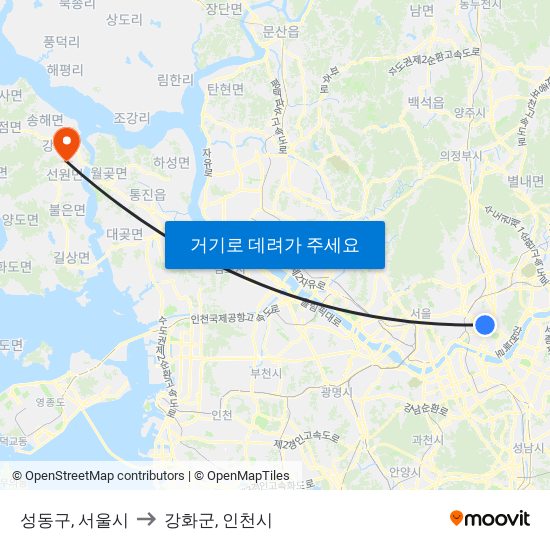 성동구, 서울시 to 강화군, 인천시 map