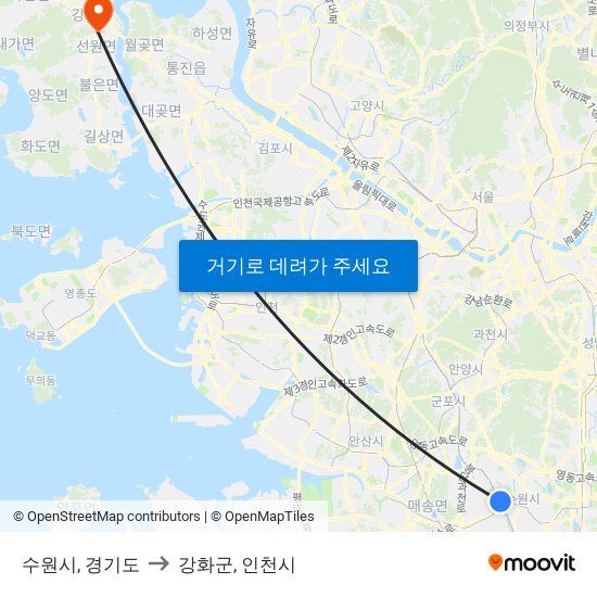 수원시, 경기도 to 강화군, 인천시 map