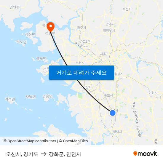 오산시, 경기도 to 강화군, 인천시 map