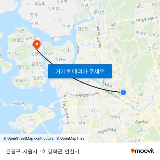 은평구, 서울시 to 강화군, 인천시 map