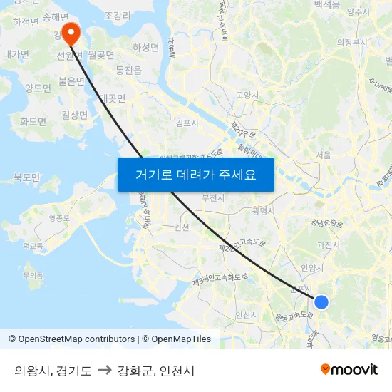 의왕시, 경기도 to 강화군, 인천시 map