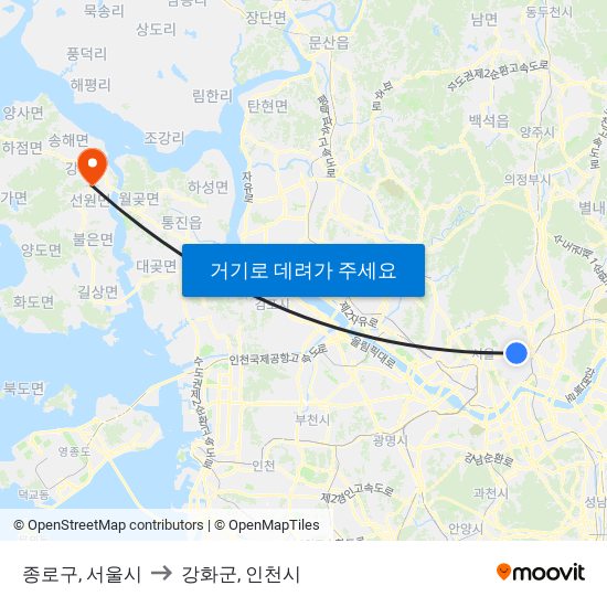 종로구, 서울시 to 강화군, 인천시 map