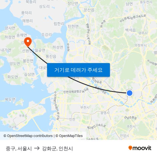 중구, 서울시 to 강화군, 인천시 map
