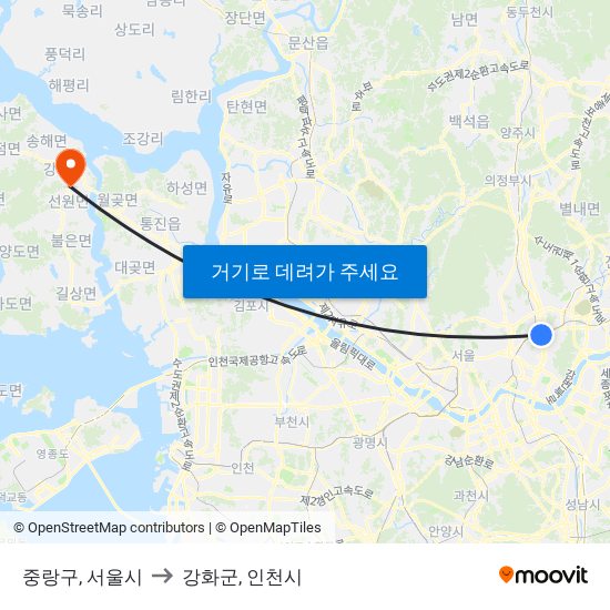 중랑구, 서울시 to 강화군, 인천시 map