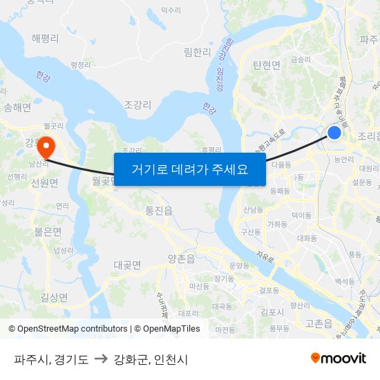 파주시, 경기도 to 강화군, 인천시 map