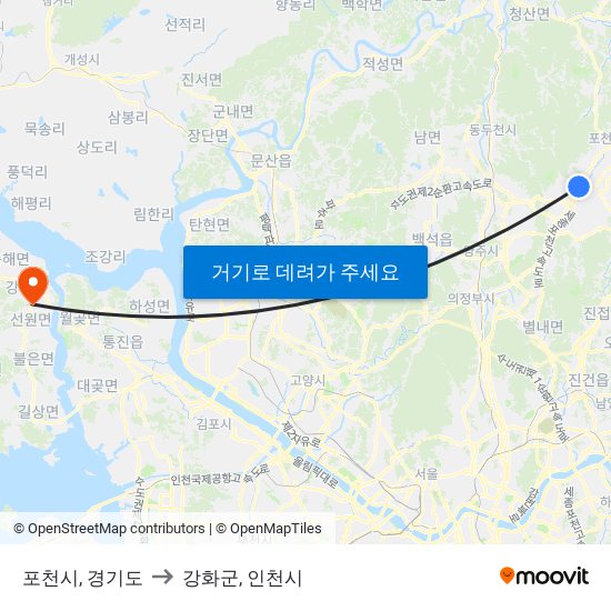 포천시, 경기도 to 강화군, 인천시 map