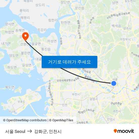 서울 Seoul to 강화군, 인천시 map