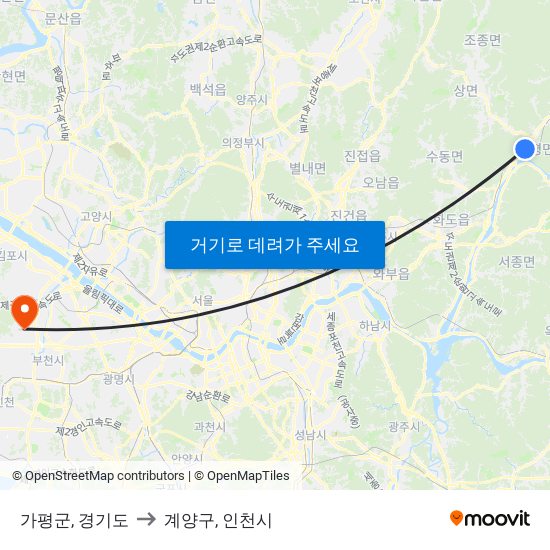 가평군, 경기도 to 계양구, 인천시 map