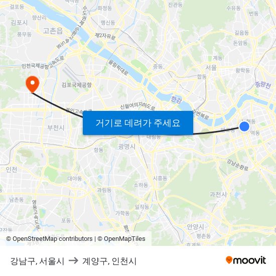 강남구, 서울시 to 계양구, 인천시 map