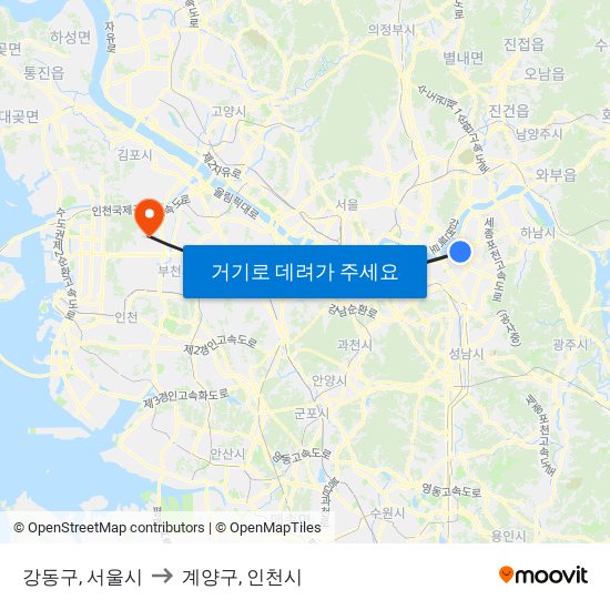 강동구, 서울시 to 계양구, 인천시 map