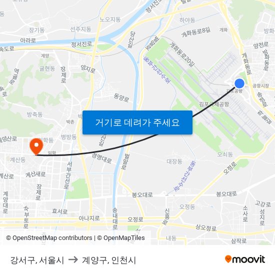 강서구, 서울시 to 계양구, 인천시 map