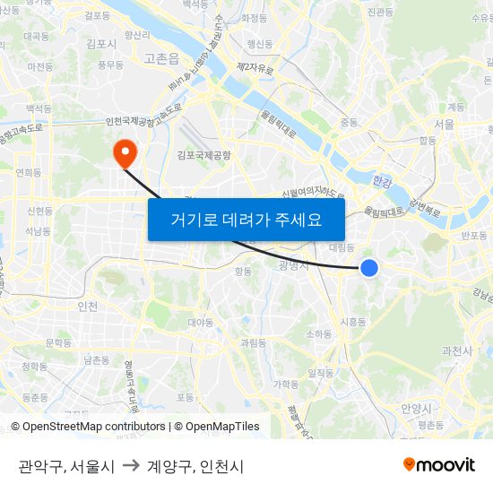 관악구, 서울시 to 계양구, 인천시 map