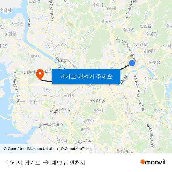 구리시, 경기도 to 계양구, 인천시 map