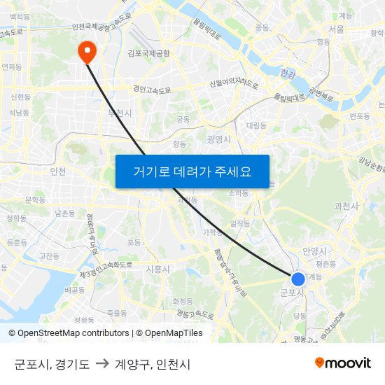 군포시, 경기도 to 계양구, 인천시 map