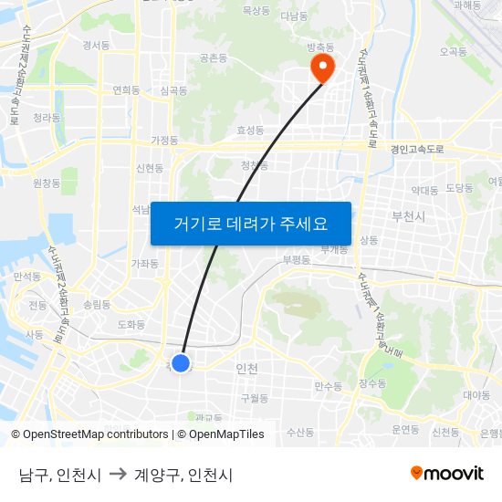 남구, 인천시 to 계양구, 인천시 map