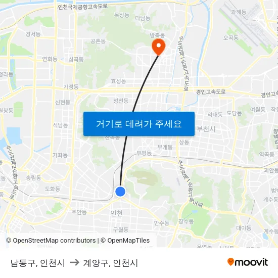 남동구, 인천시 to 계양구, 인천시 map