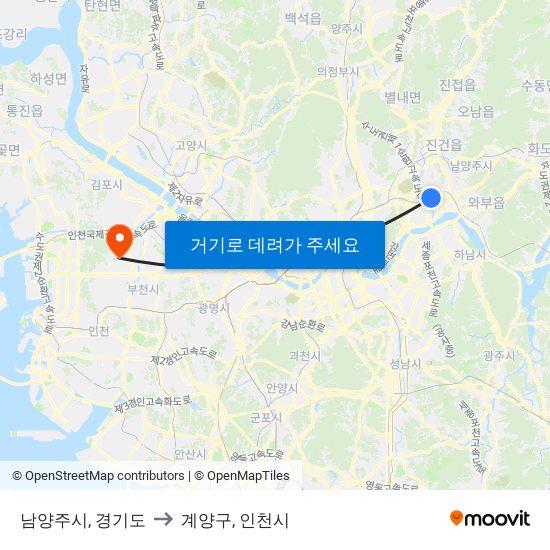 남양주시, 경기도 to 계양구, 인천시 map