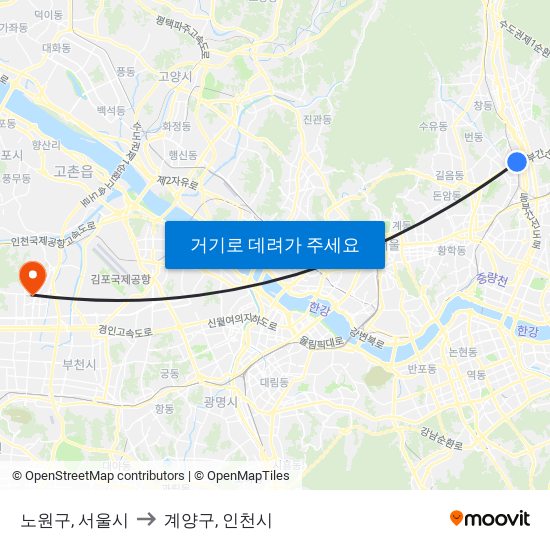 노원구, 서울시 to 계양구, 인천시 map