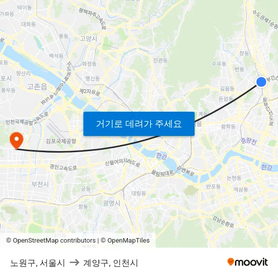 노원구, 서울시 to 계양구, 인천시 map