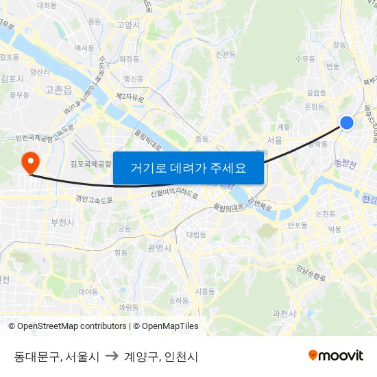 동대문구, 서울시 to 계양구, 인천시 map