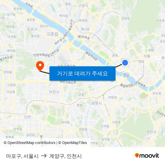 마포구, 서울시 to 계양구, 인천시 map