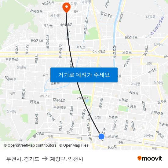 부천시, 경기도 to 계양구, 인천시 map