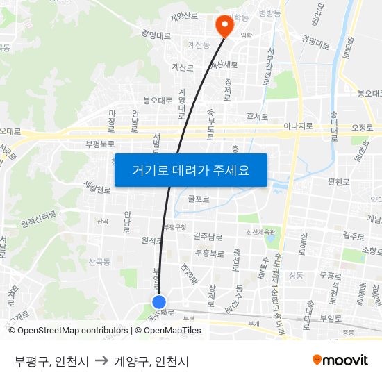 부평구, 인천시 to 계양구, 인천시 map